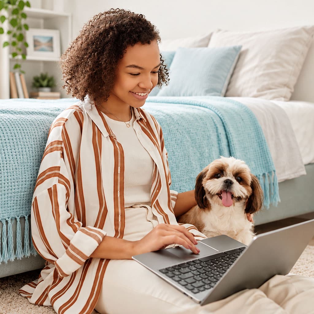 Woman with Shih Tzu Filling Out Form on Laptop